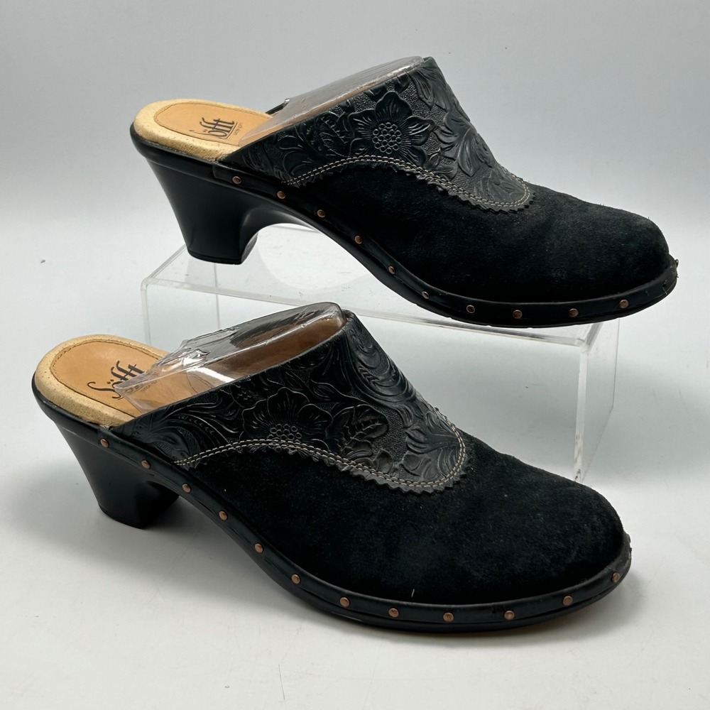 Sofft Heeled Clogs Womens 8.5 Black Floral Embossed Suede Mules Boho Western